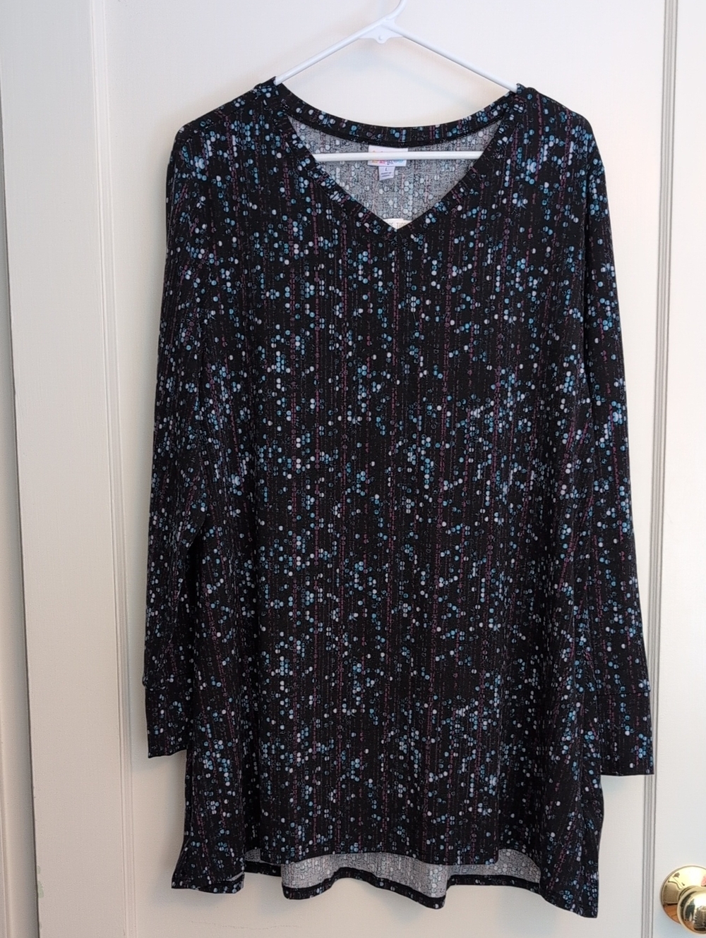 LuLaRoe Black V-Neck Long Sleeve Tunic with Blue Dot Print